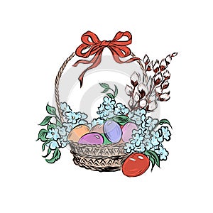 Basket with easter eggs, flowers,